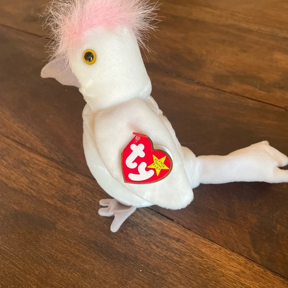 Ty Beanie Plush Trio - White & Pink Cockatoo, Blk Scottie, Blue-Green Chameleon